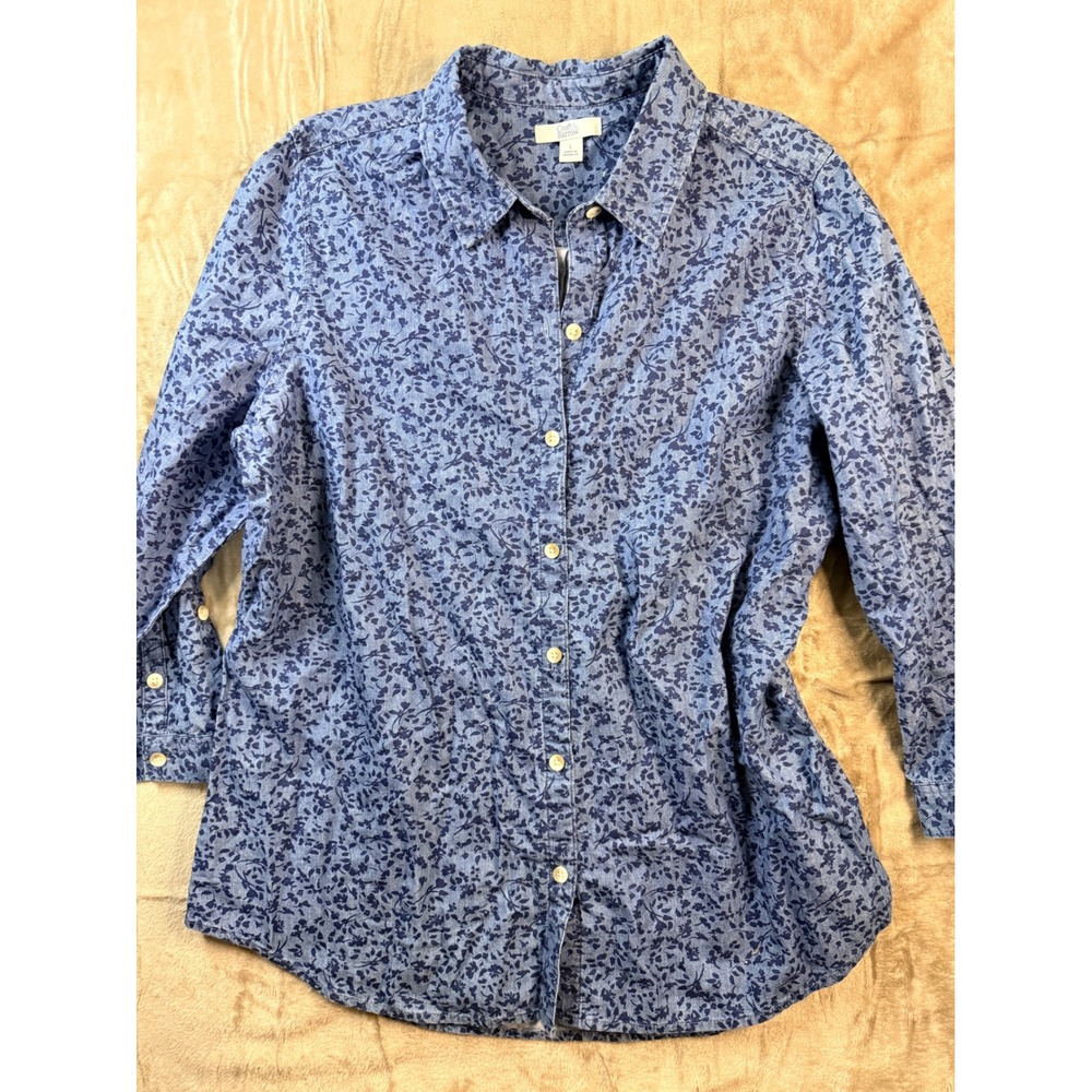 Croft & Barrow Womens Blue Floral Cotton Button Down Shirt Long Sleeve Size L